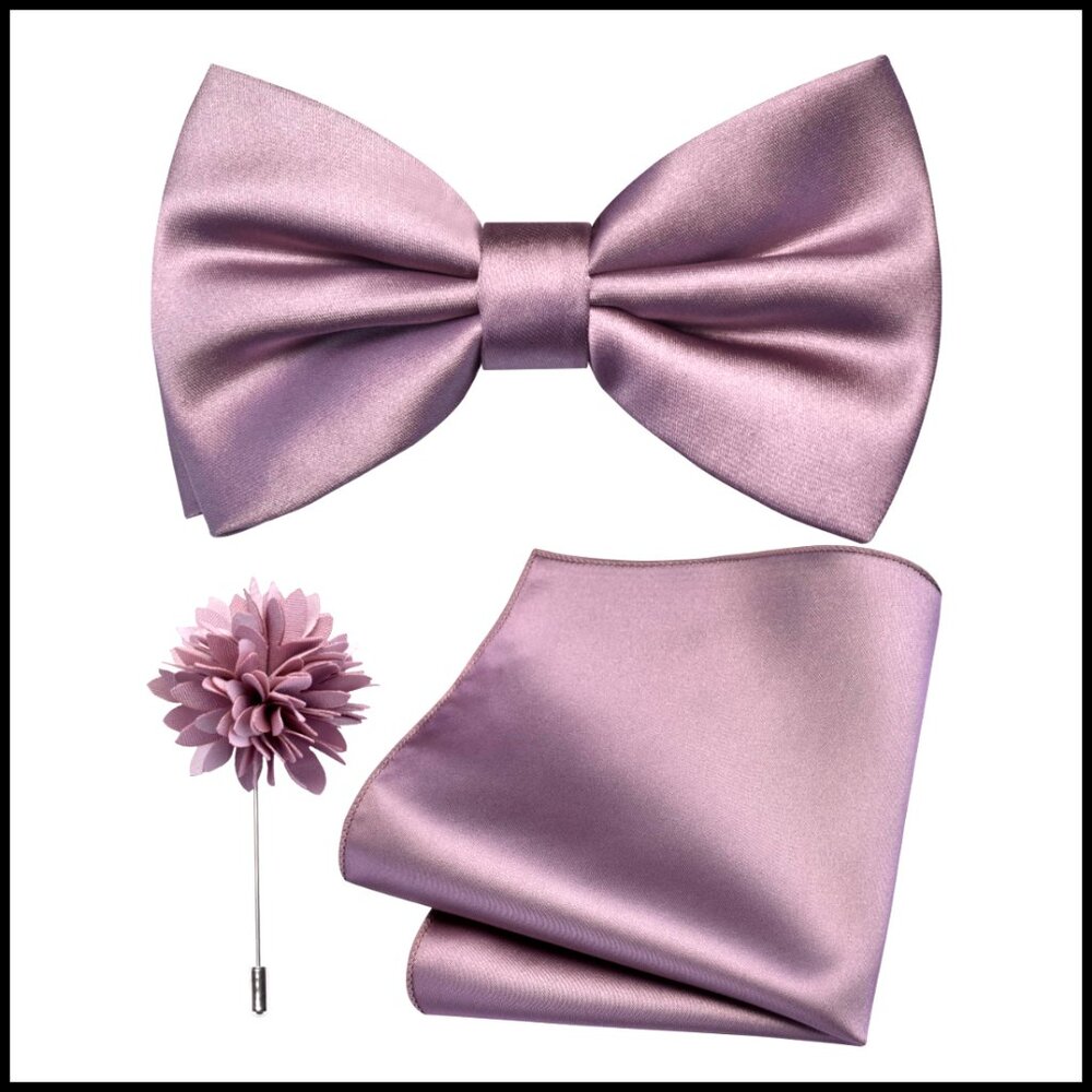 Silk Blend Pre-Tied Bow Tie Pocket Square Lapel Pin Set Classic Formal